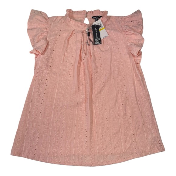 Cable & Gauge Tops - NEW Cable & Gauge M Pink Eyelet Blouse Ruffle Flutter Sleeve Mock Neck Romantic
